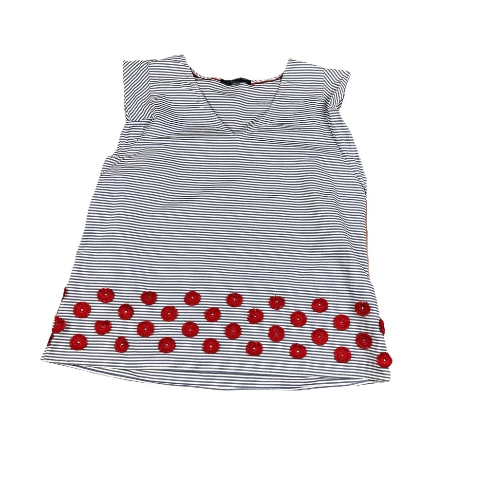 Tommy Hilfiger Womans Sleeveless V-Neck  2XL 3D Red Applique Flowers Stripes
